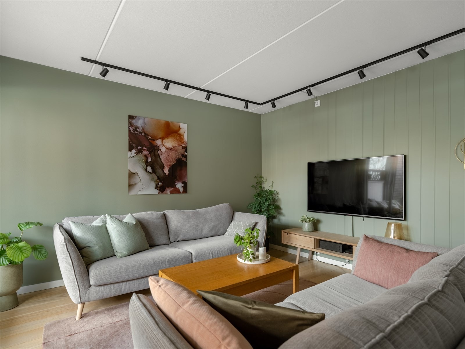 Denne delen av stua har naturlig del for sofa og TV-del. Galleribilde