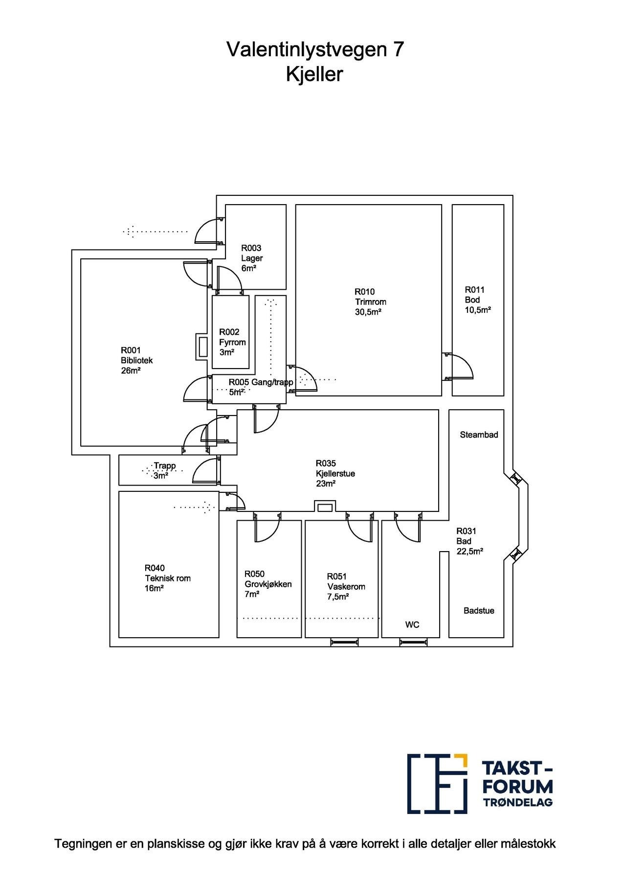 Planskisse kjeller utarbeidet av takstmann. Galleribilde