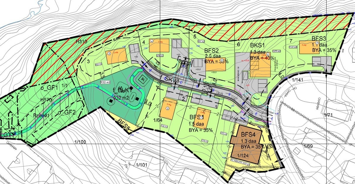 Situasjonsplan. Tomten som selges er markert med nr. 5. Galleribilde