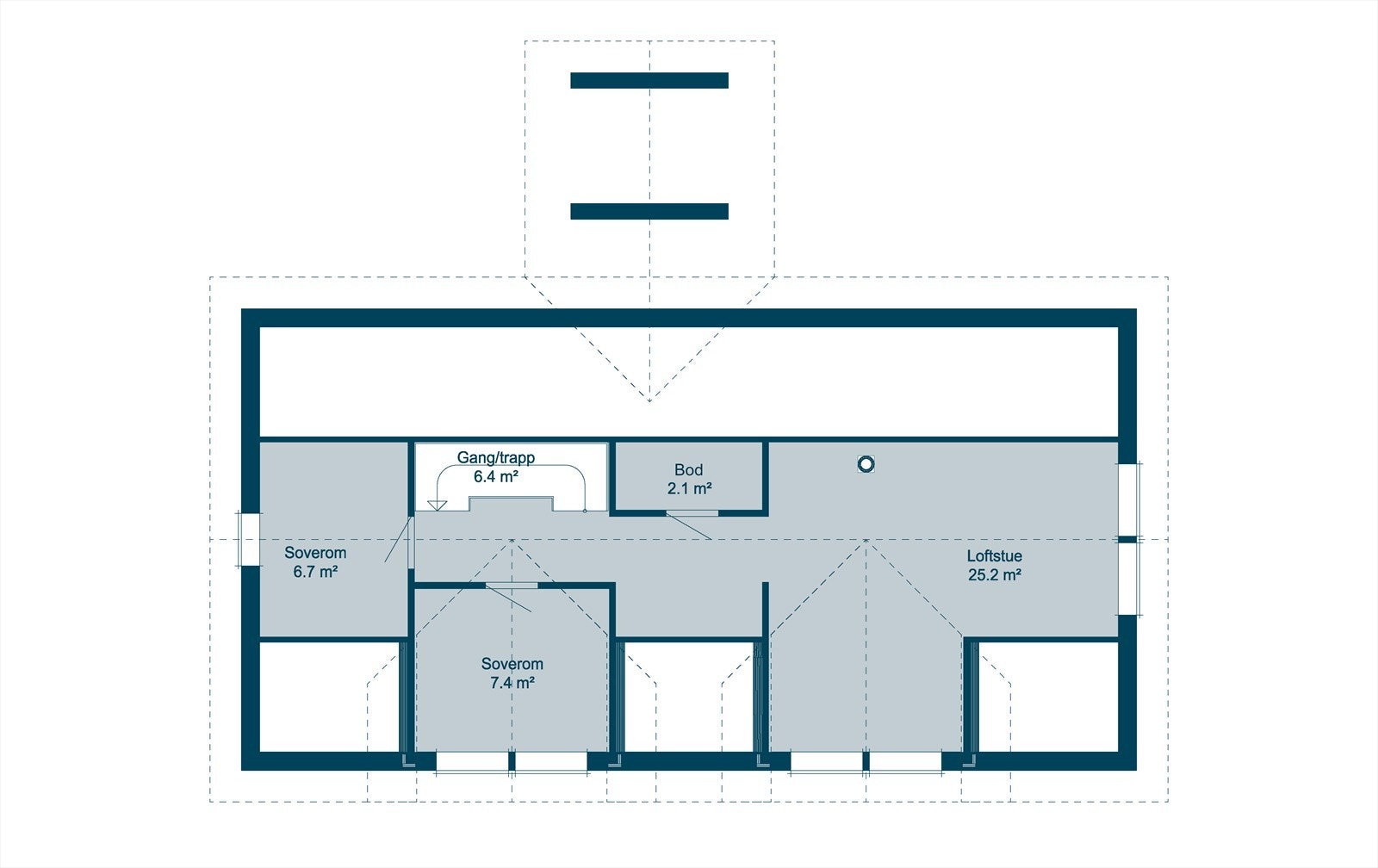 Loftsetasje - 42 m² BRA, som inneholder trapperom, loftstue, toalettrom, og 2 soverom. . Galleribilde