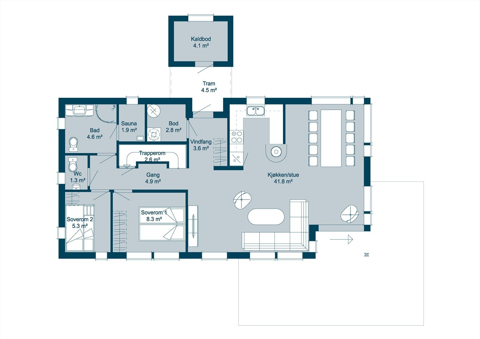 1. etasje - 81 m² BRA, som inneholder gang, stue, kjøkken, toalettrom, bad med badstue, 2 soverom, bod og kott. . Galleribilde