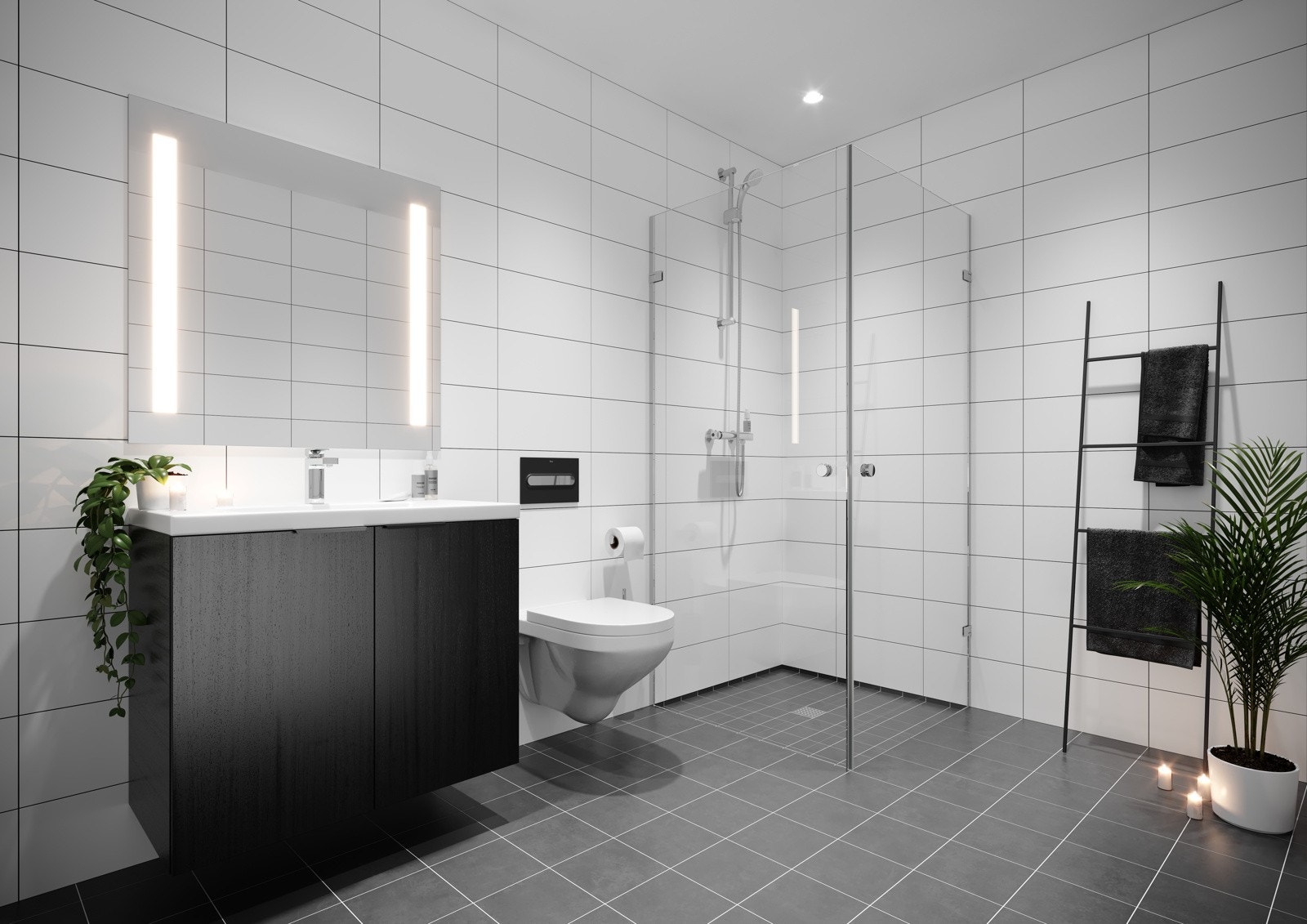 Boligen leveres med helflisede bad, vegghengt wc og dusjløsning med foldedører. Illustrasjon kan avvike Galleribilde