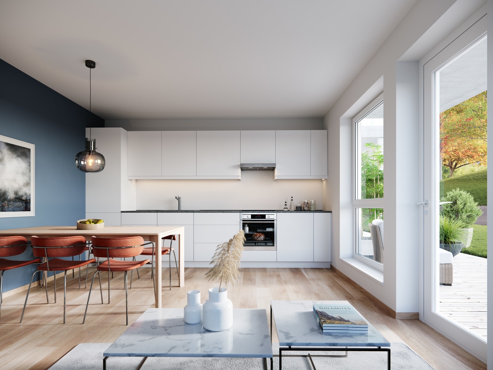 Lyst kjøkken med laminat benkelate. Hvitevarer medfølger handelen. Illustrasjon kan avvike Galleribilde