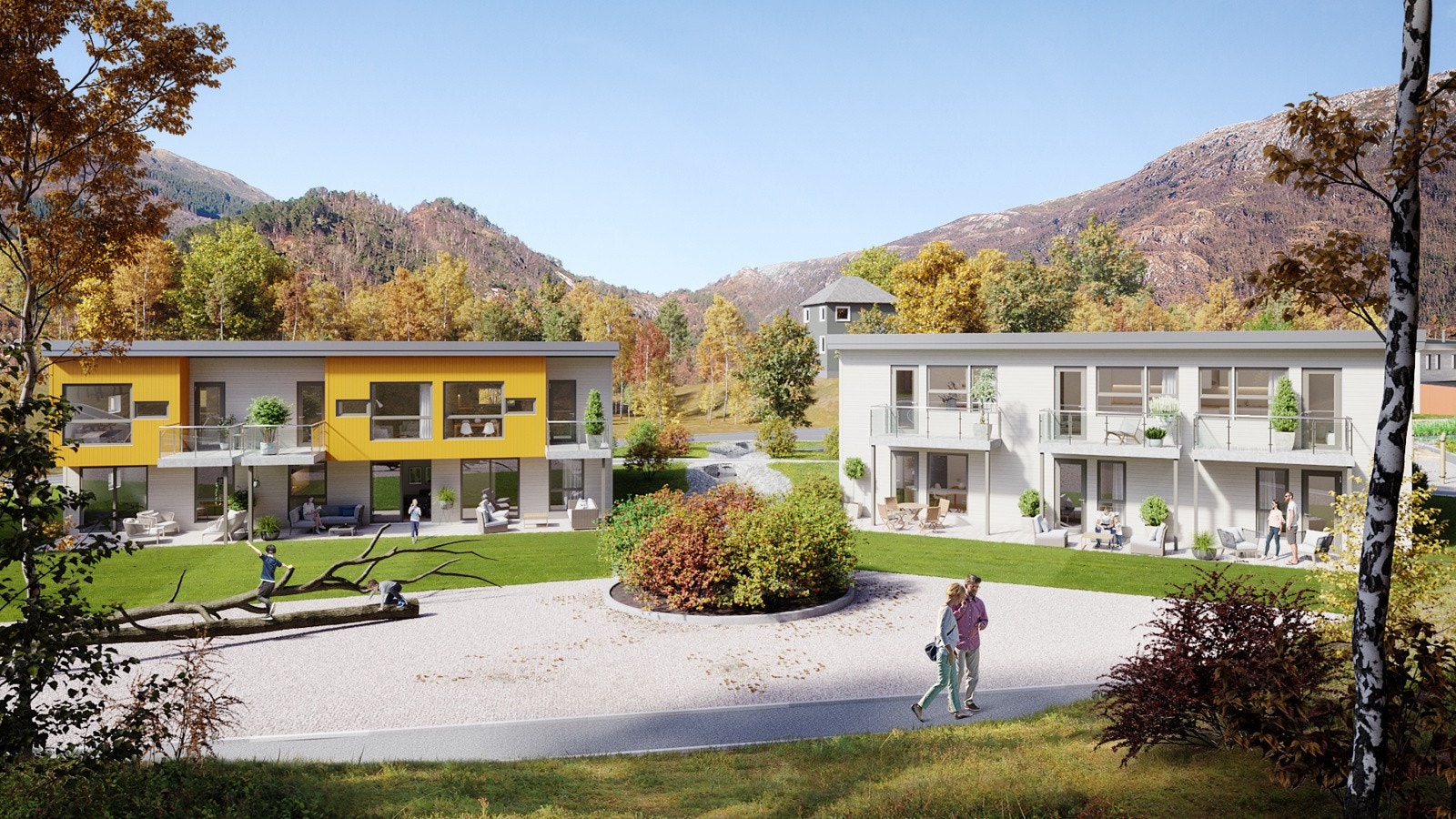 Bolig D101 ligger på enden i venstre bygg, venstre side sett forfra Galleribilde