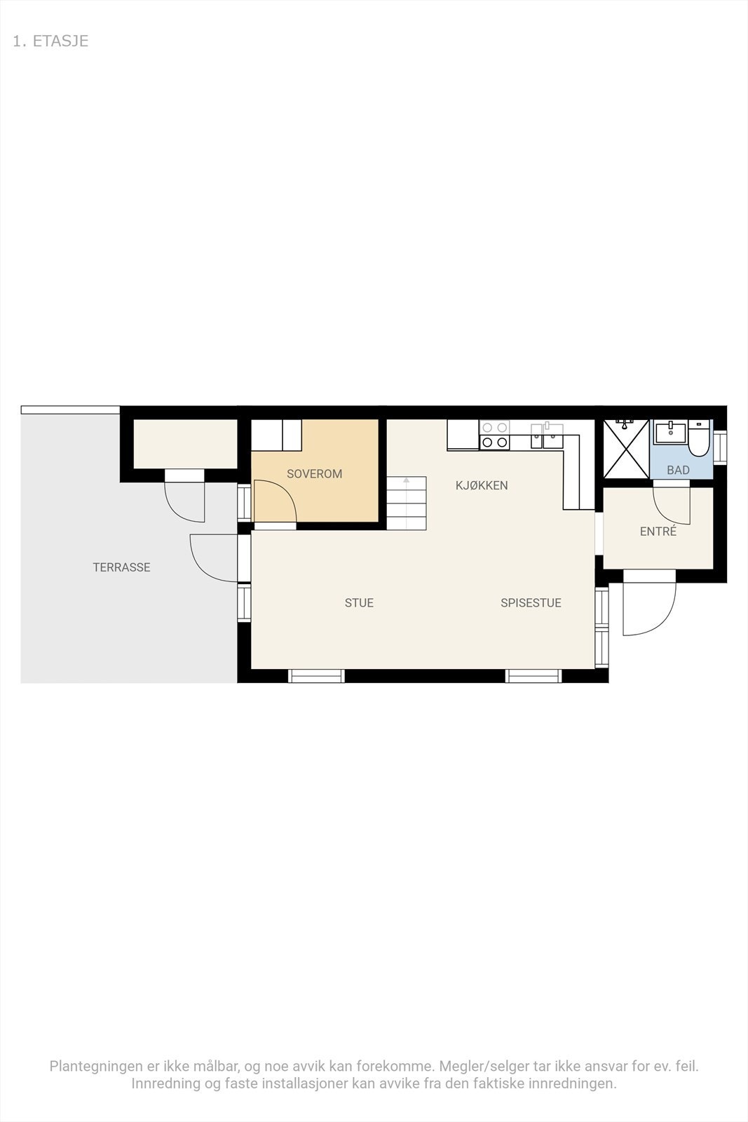 Plantegning - hovedetasje med tilhørende terrasseareal og bod. Galleribilde