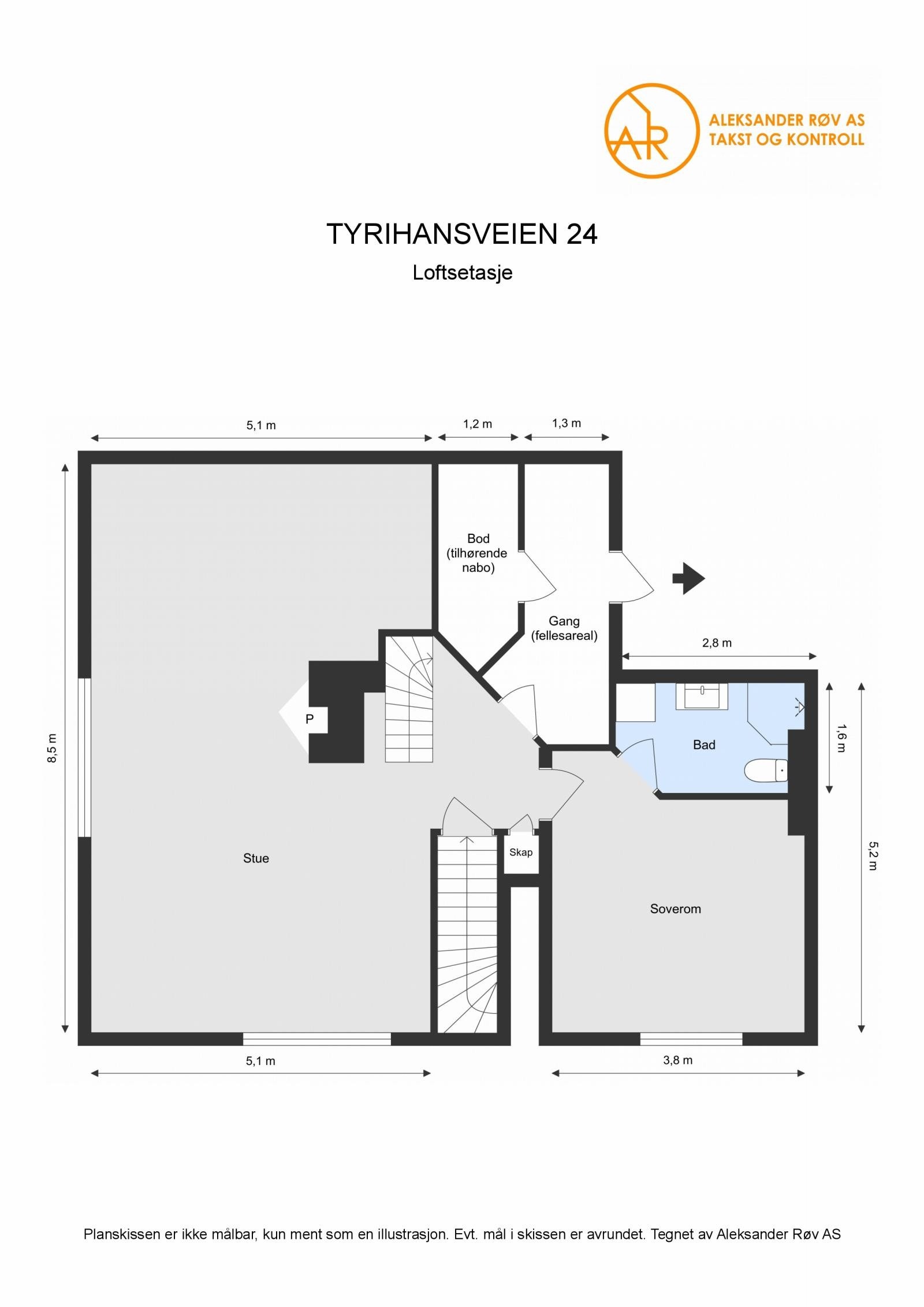 Plantegning loftsetasje Tyrihansveien 24. Galleribilde