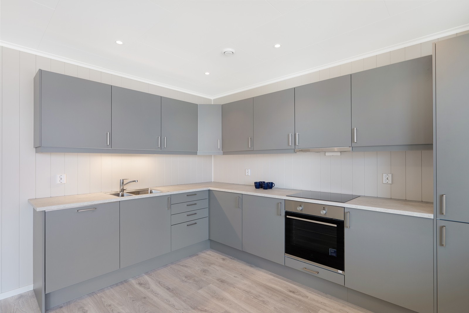 Hvitevarene er fra Electrolux og består av Induksjonstopp, integrert stekeovn, oppvaskmaskin, kombiskap og ventilator . Galleribilde