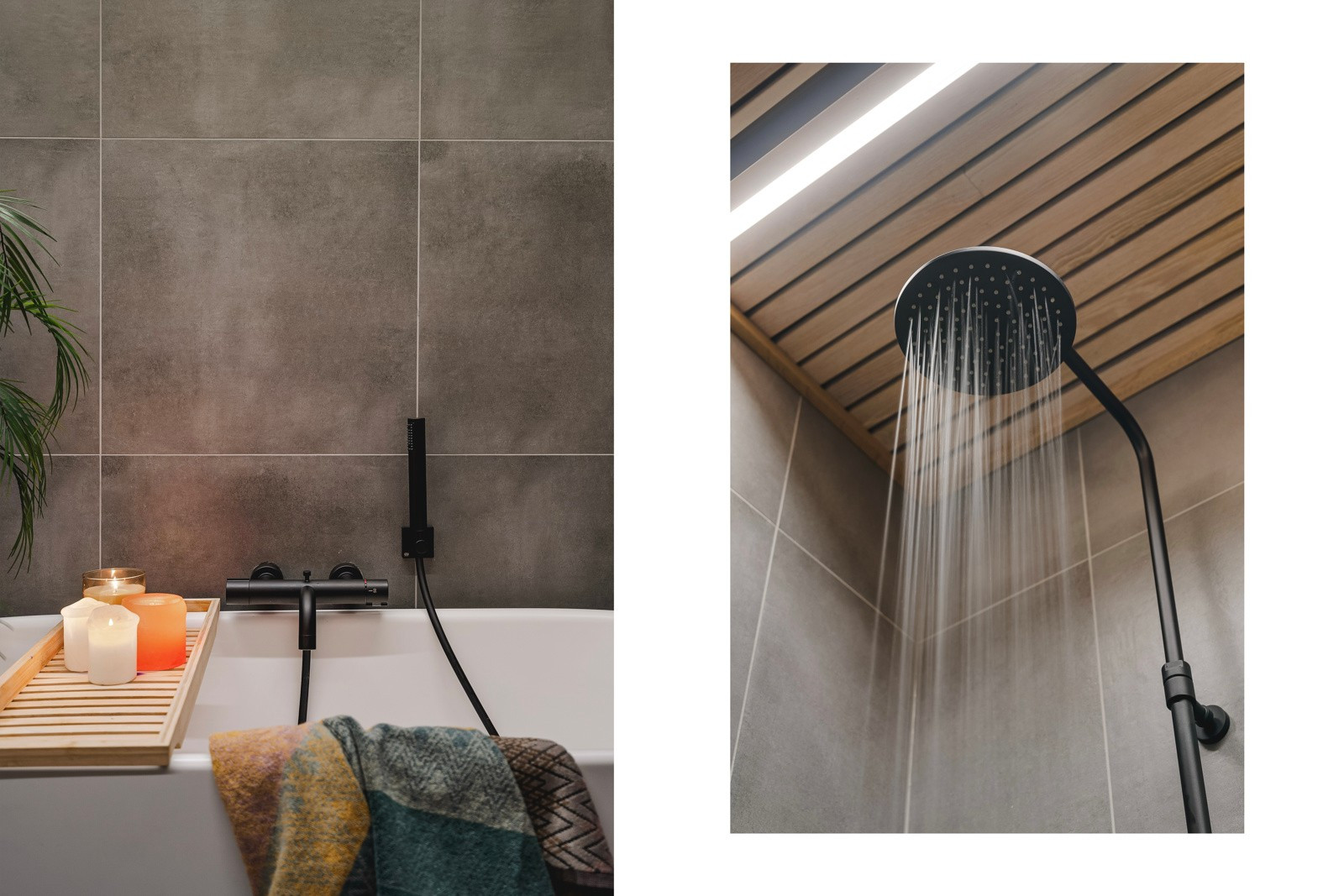 Badet har et flott himling av eikespiler med integrert belysning.