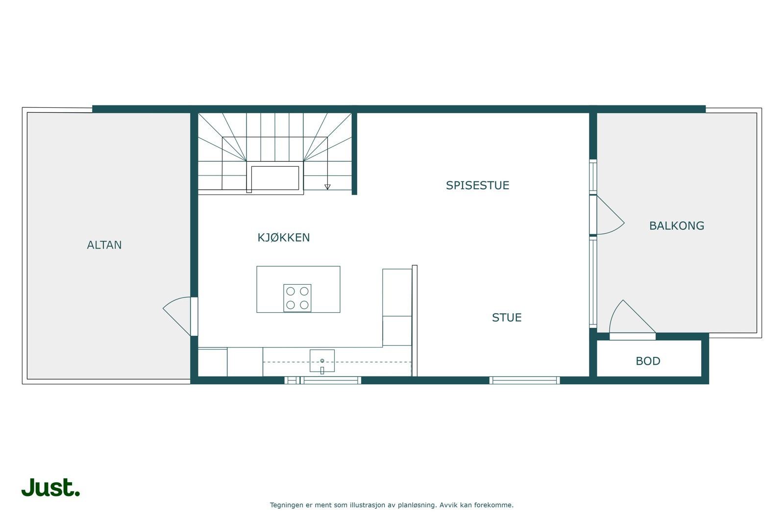 Planskisse topplan. To store takterasser på hver side av boligen gir sol fra morgen til kveld
