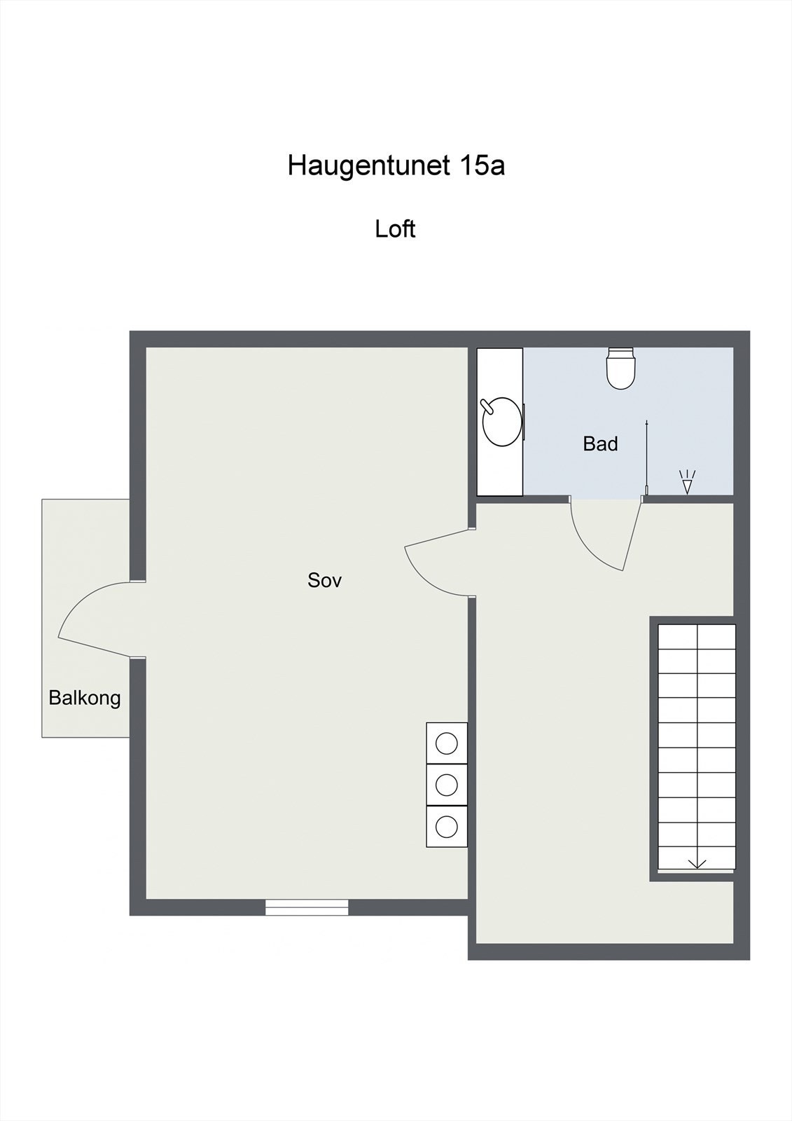 Plantegning loftetasje. Tegningen er en illustrasjon. Megler/ selger tar ikke ansvar for eventuelle avvik i forhold til boligens innredning.
Rommene kan også avvike fra dagens bruk av disse. Galleribilde