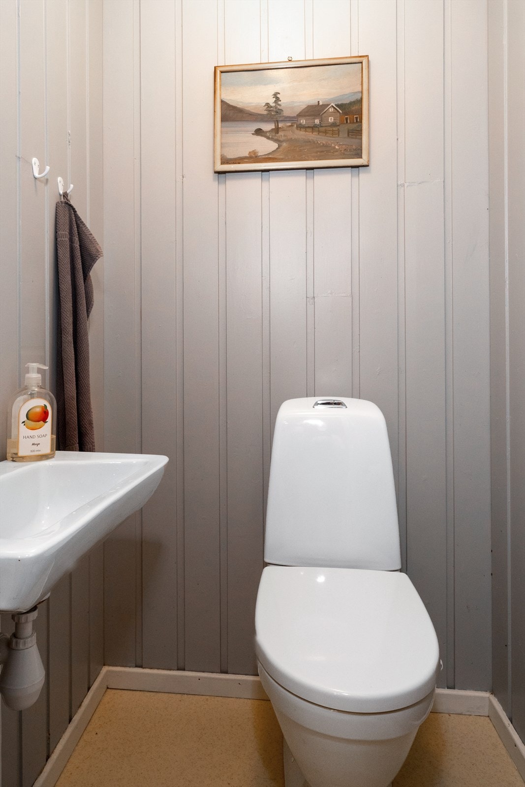 Toalettrommet har gråmalt panel på veggene og gulaktig belegg på gulvet. Rommet er innredet med servant montert på vegg og gulvmontert toalett. Naturlig ventilasjon i rommet med ventil i himling. Galleribilde