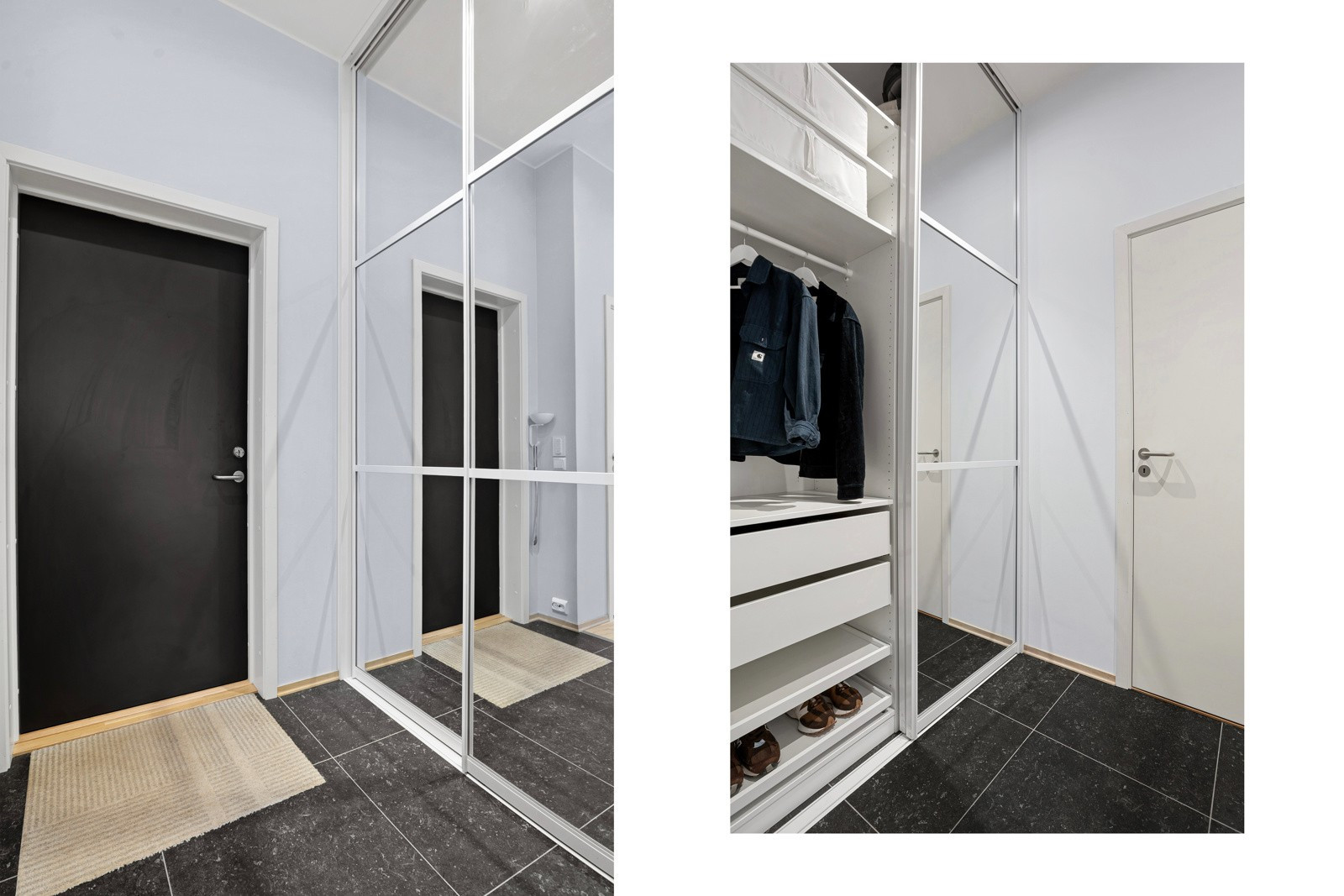 Lekker gang med 60 x 60 fliser med gulvvarme og innredet med en skyvedørsgarderobe.