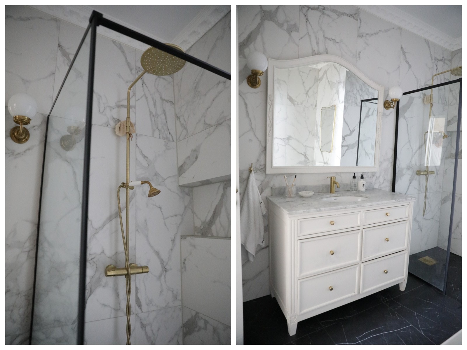 Servantinnredning med hvite profilerte fronter, benkeplate i stein, underlimt porselenservant. Galleribilde