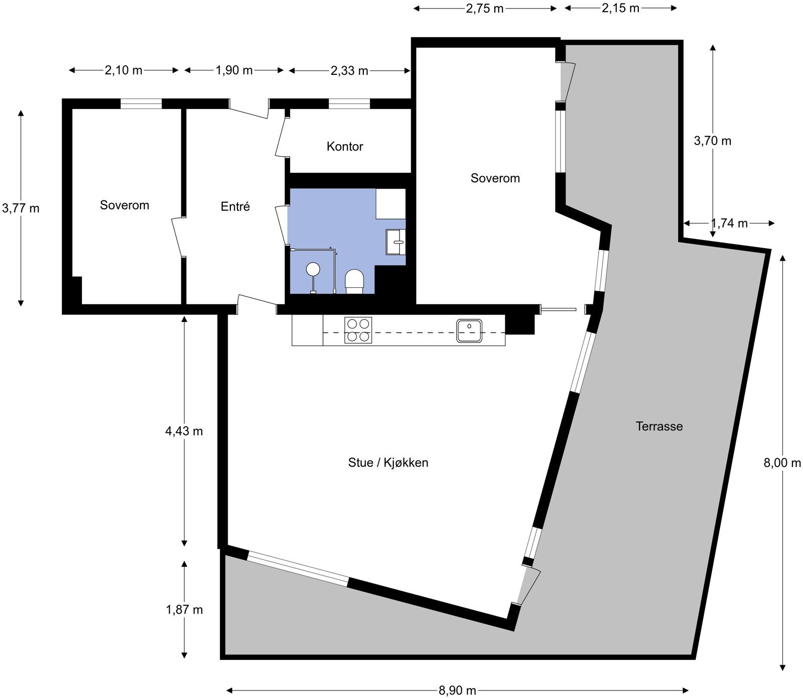 Vi begynner først med å ta en titt på planskissen slik at du får orientert deg. Skissen er utarbeidet av bygningssakkyndig og er hovedsakelig ment som illustrasjon. Galleribilde