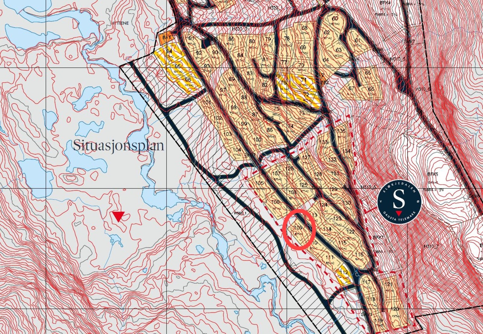Situasjonskart tomteområde.
Tomt 109 markert Galleribilde