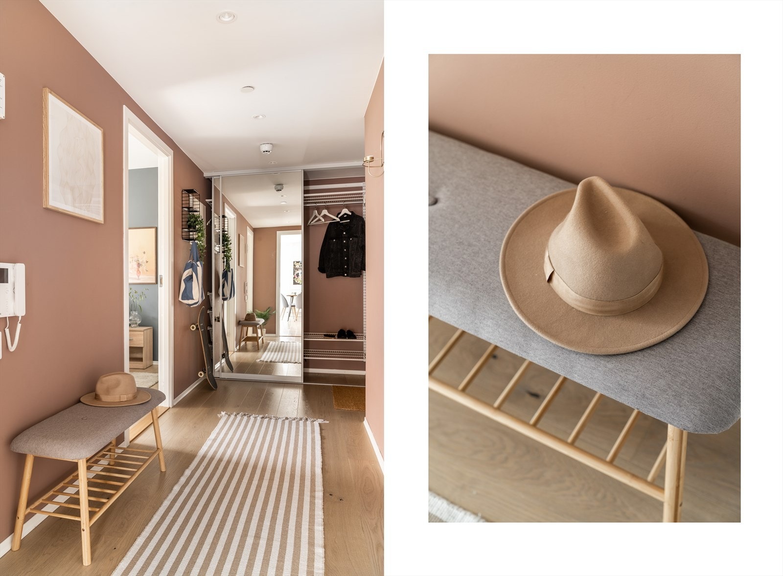 Pent inngangsparti med skyvedørsgarderobe hvor man kan henge fra seg yttertøyet og oppbevare sko. Galleribilde