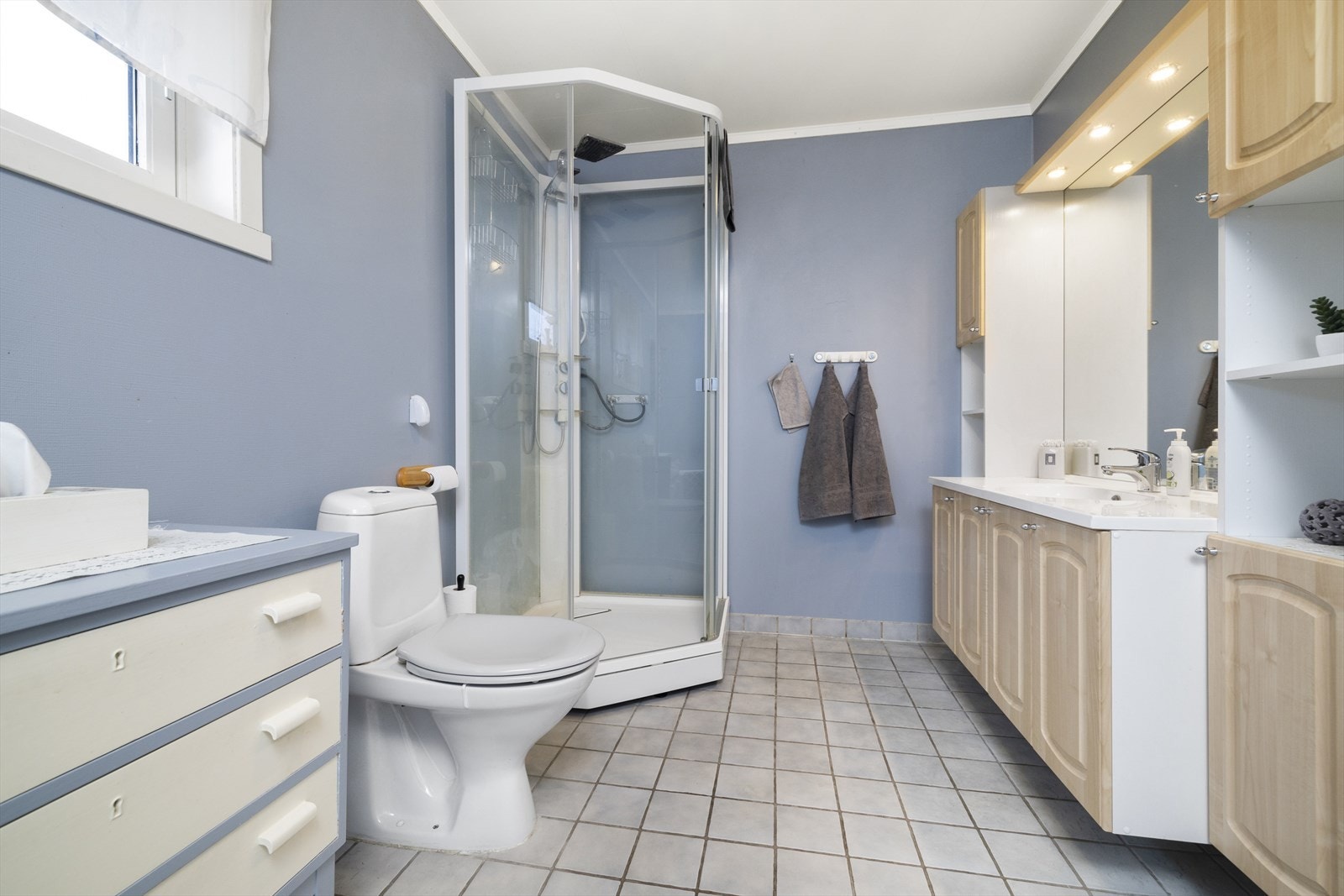 Badet har dusjkabinett, servant mspeil. Toalett. Galleribilde