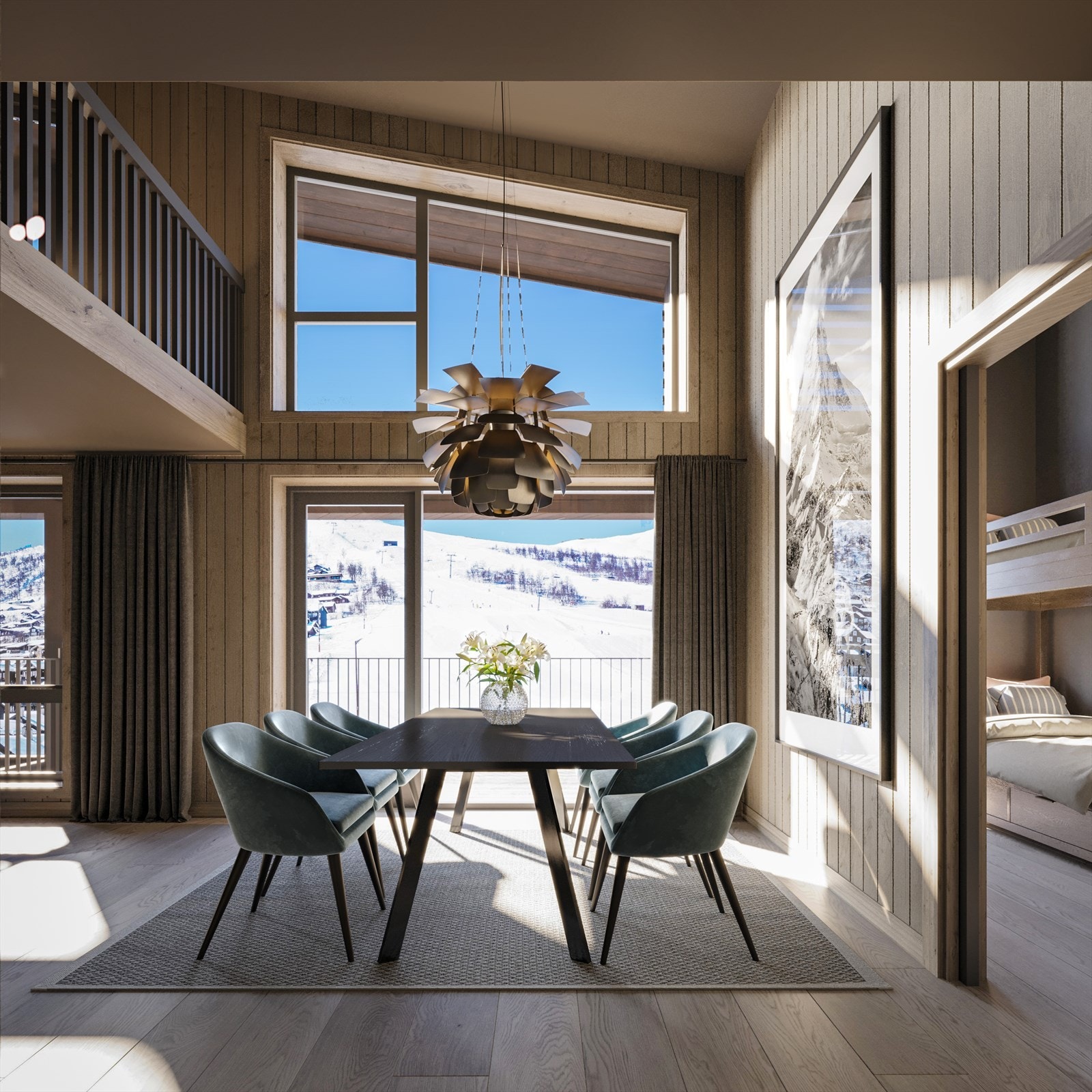 Enkelte av leilighetene går over to plan og det er delvis åpent ned mot 1.etasje. Dette gir en åpen og fin romfølelse. Galleribilde