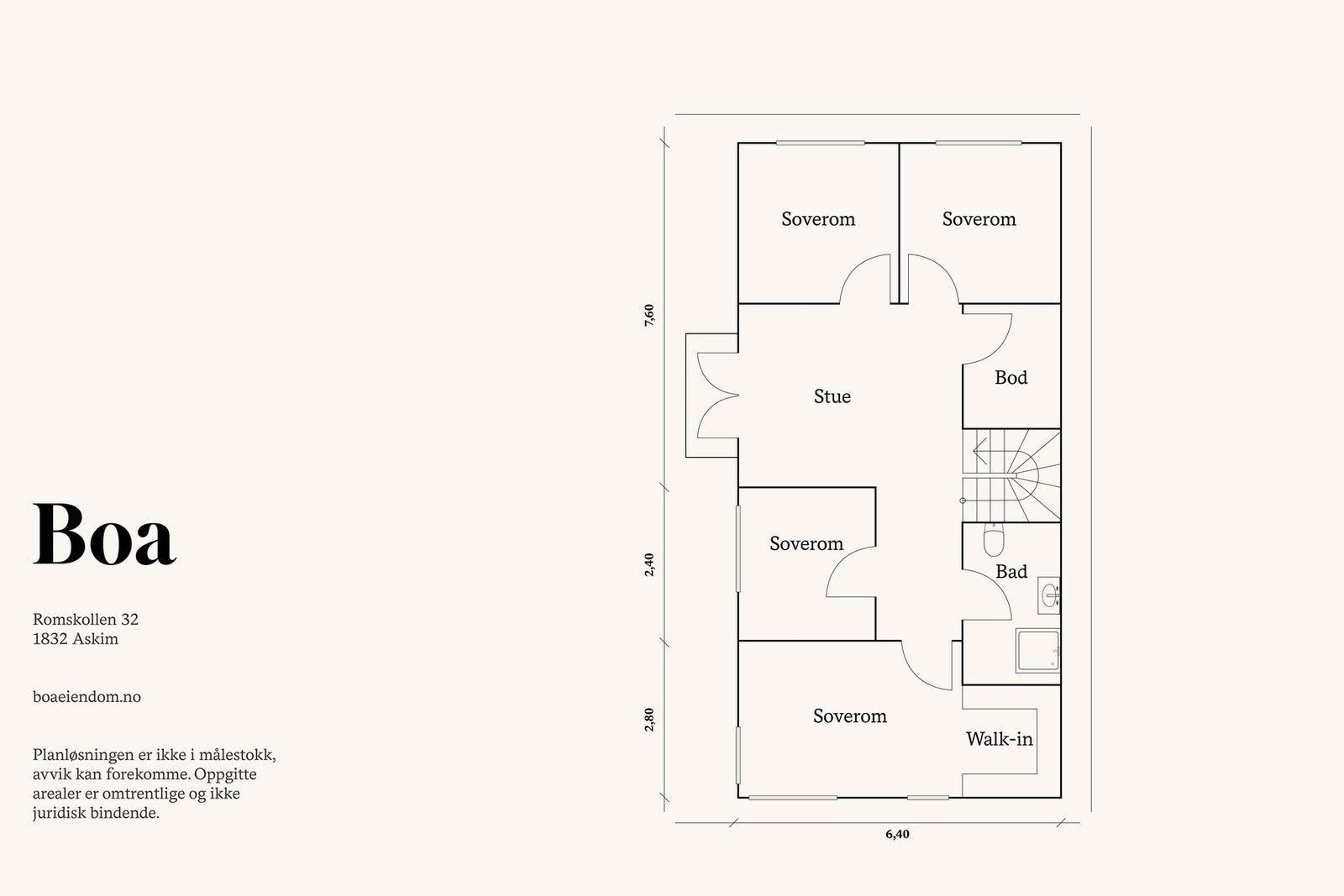 2. etasje: Trappegang, stue, fire soverom, walk-in closet og bad. Bod. Galleribilde