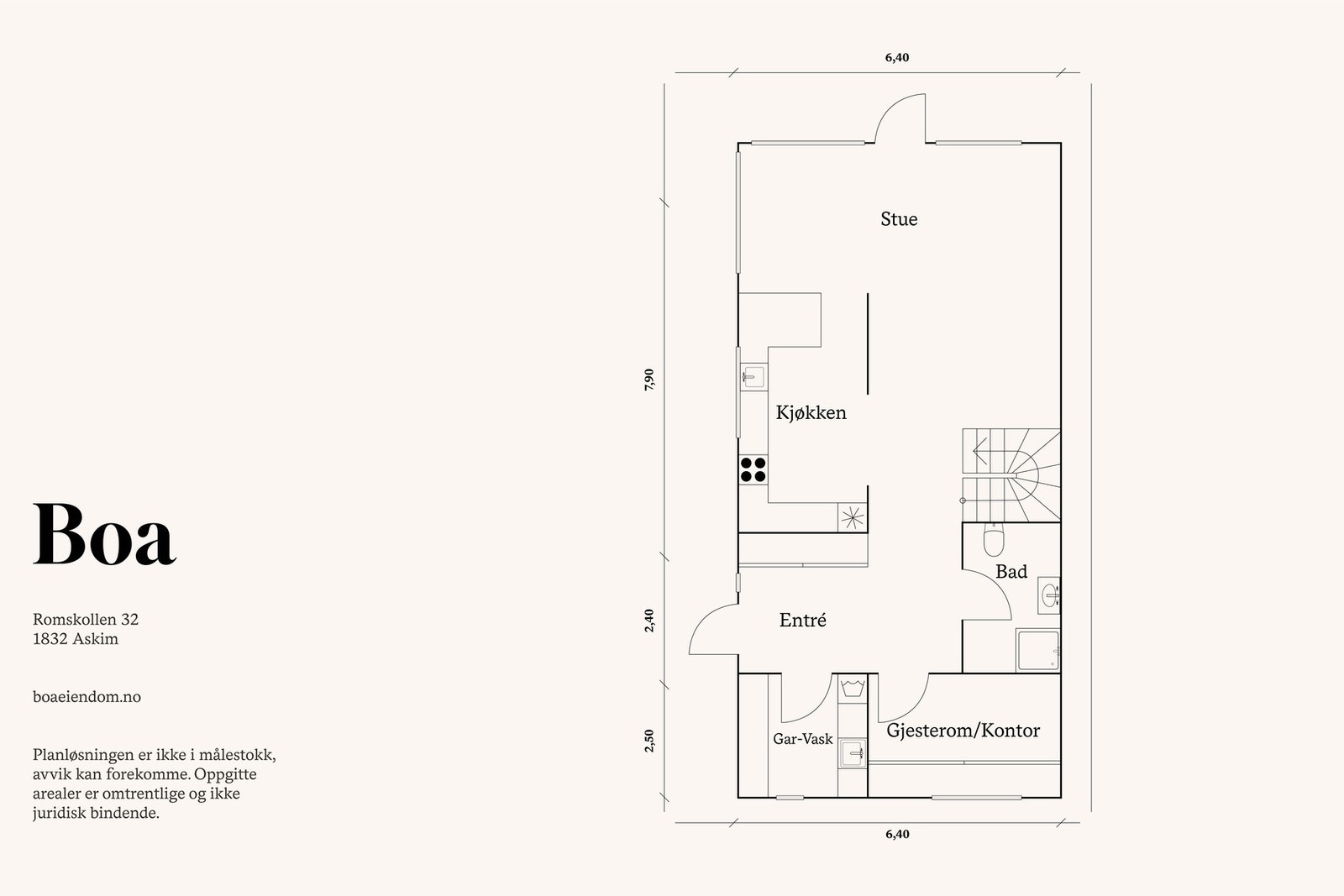 1. etasje: Entré/trappegang, kjøkken, stue/spisestue, soverom, bad og vaskerom. Trappekott. Galleribilde