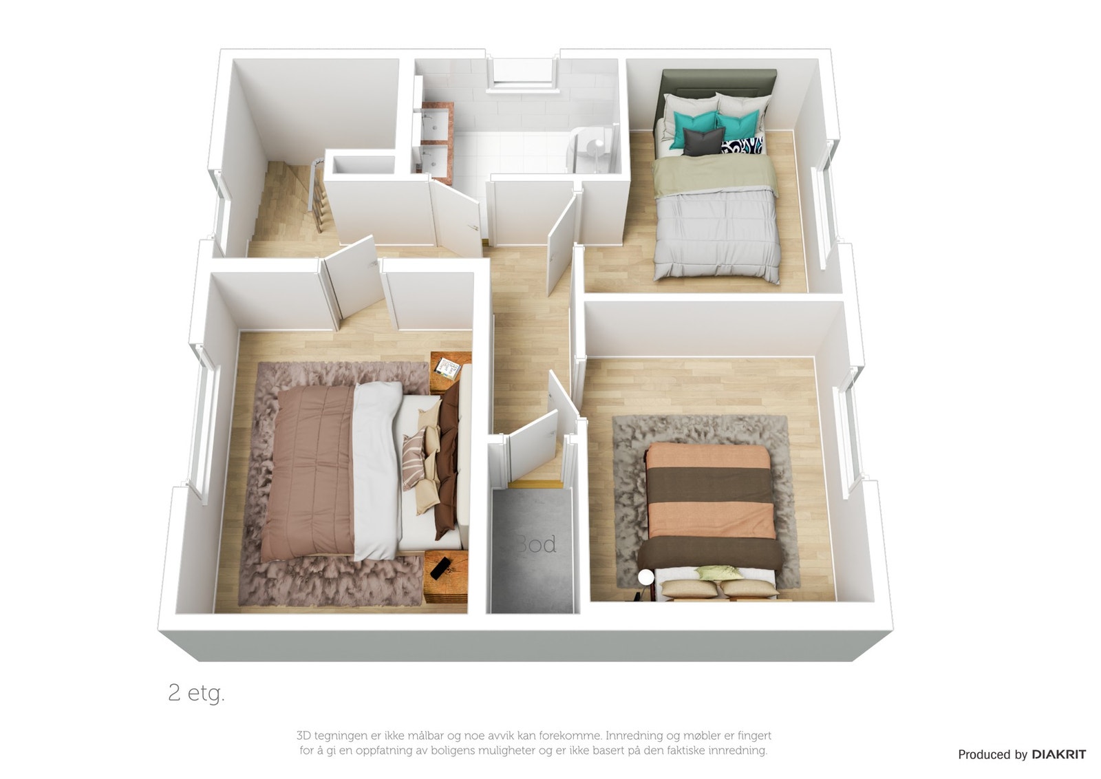 Plantegning for 2. et. med 3 soverom, bad og en bod Galleribilde