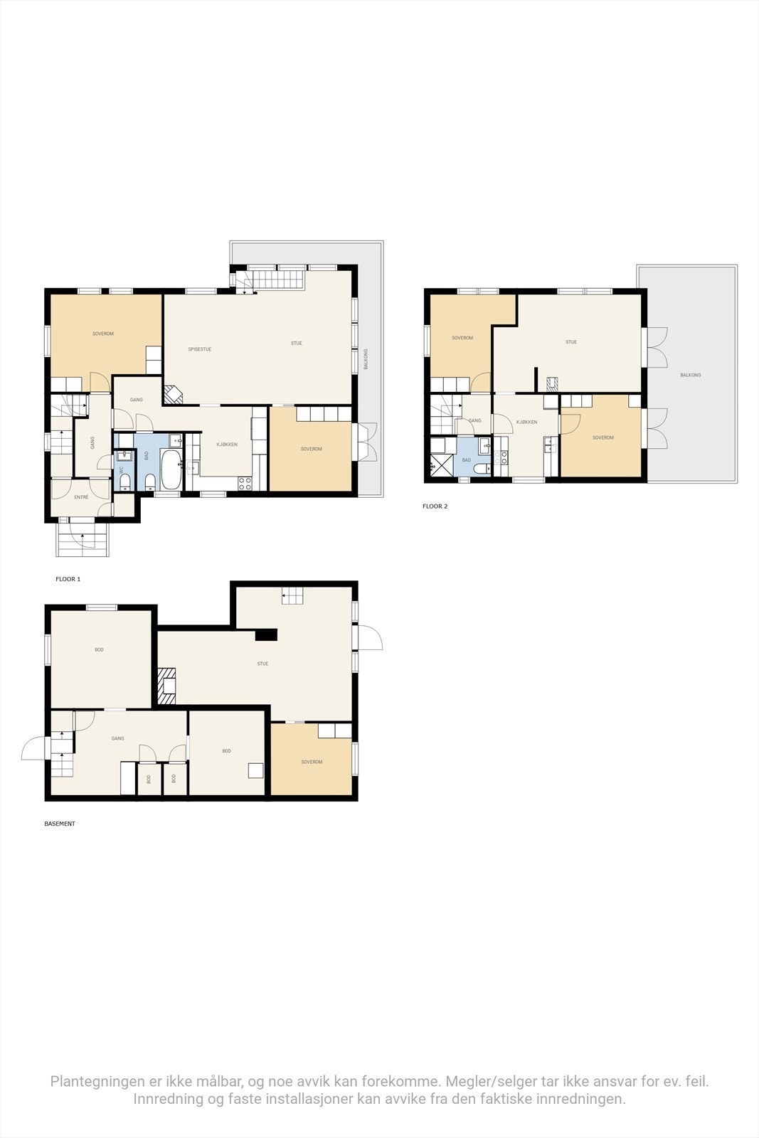 Plantegninger for hele boligen. Kjellerboder har trappegang fra 1. etasje, og utvendig inngang. Galleribilde