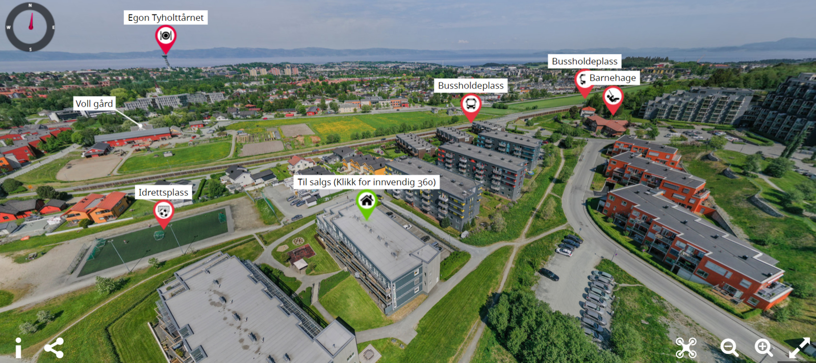 Området er presentert i en 360 dronepanorama. Trykk på eiendommen for å få innvendig 360. Galleribilde