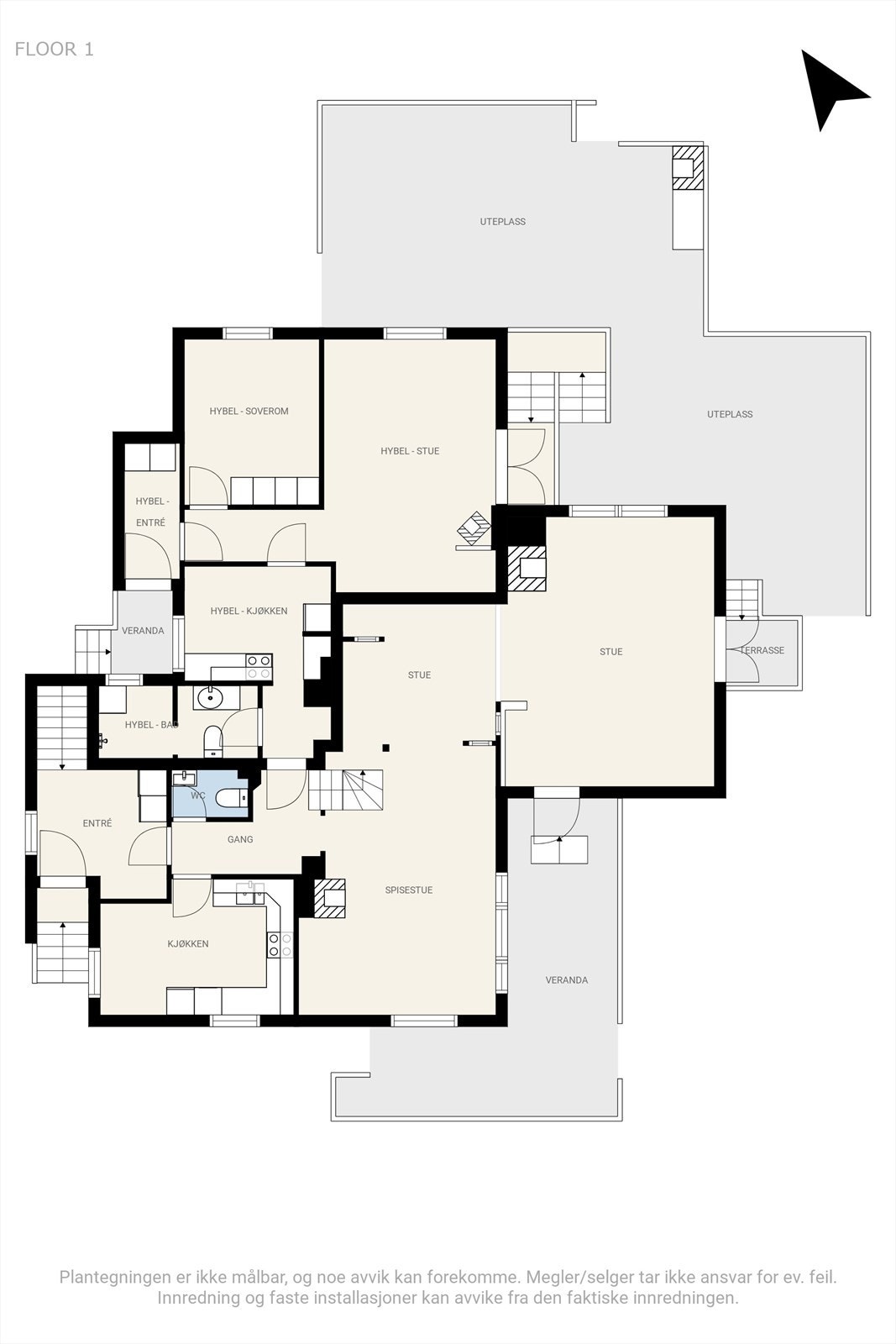 Plantegning 1.etasje, inkl. hoveddel og utleiedel. Galleribilde