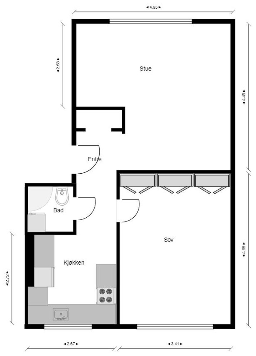 Plantegning. Legg merke til den fine størrelsen på rommene og den praktiske planløsningen. Galleribilde