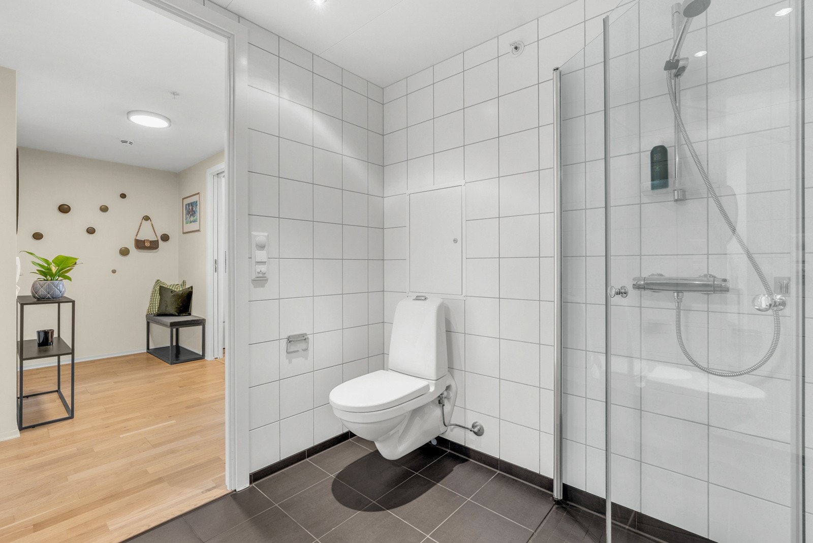 Fra gangen inn til boligens flotte baderom! Veggmontert wc og dusjhjørne med foldbare glassdører, sluk i sone og dusjutstyr. Galleribilde