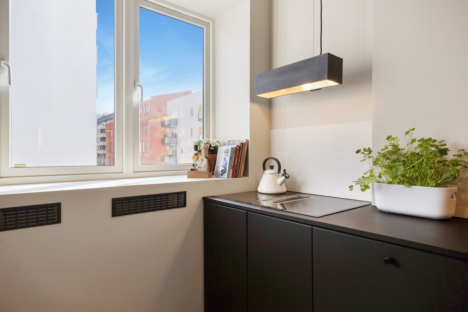 Komfyrvakt og automatisk vannavstenger er installert. Praktisk integrert ventilator i platetoppen. Galleribilde