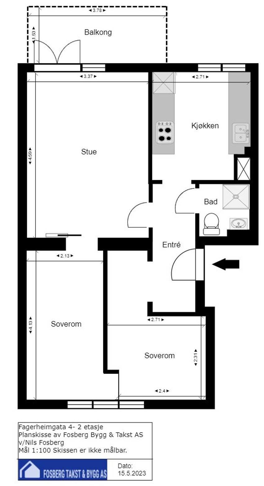 Plantegning. Leiligheten ligger i 2. etg. I tillegg disponerer leiligheten en kjellerbod på ca. 3 kvm og en loftsbod på ca. 9 kvm. Galleribilde