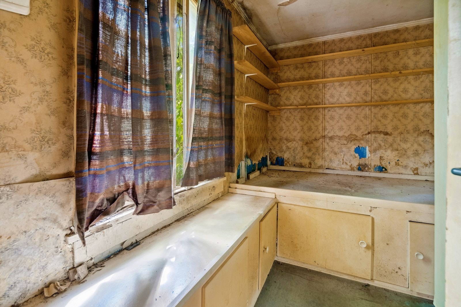 Dette er soverommet med utsikt rett ut i en stor og gjengrodd hage Galleribilde