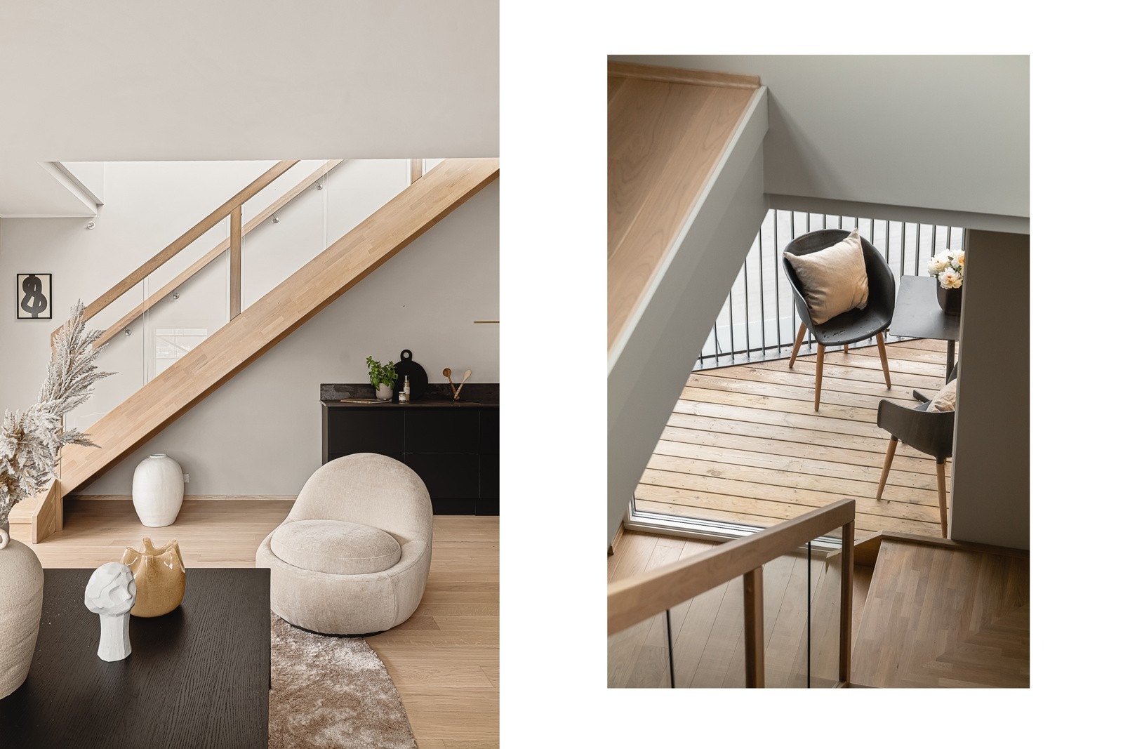 Lukket eiketrapp med glassrekkverk som leder oss videre til leilighetens private takterrasse. Galleribilde