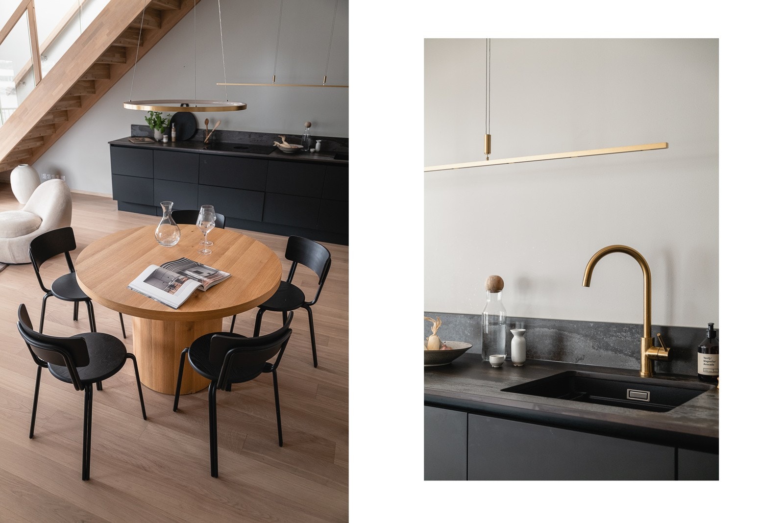 Slette, sorte fronter med eikestruktur er kombinert med mørk benkeplate. Galleribilde