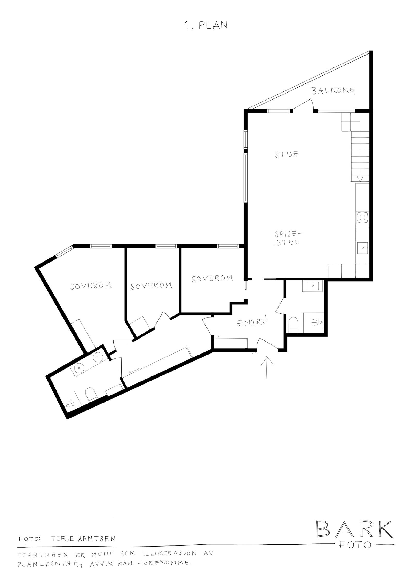 Hovedplan består av: Entrè, gang, 2 bad, 3 soverom og stue/kjøkken. Galleribilde