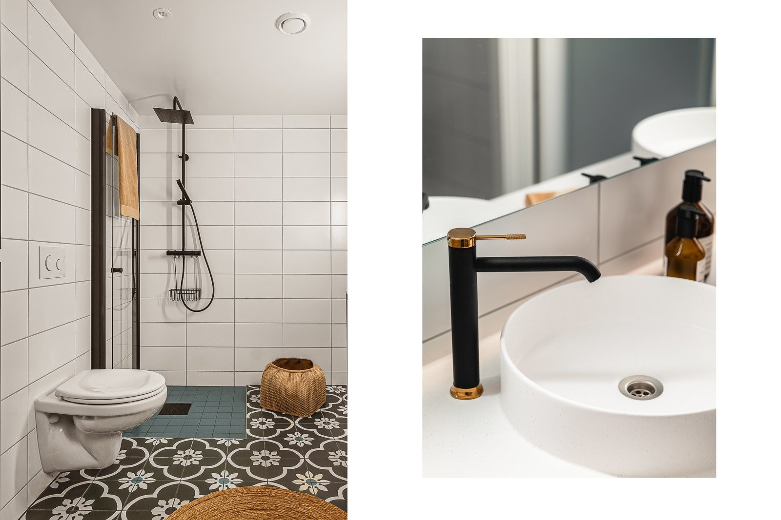 Begge bad er utstyrt med vegghengt wc, dusj med foldedører i glass og servantskap med speil og belysning. Avtrekk via balansert ventilasjon. Galleribilde