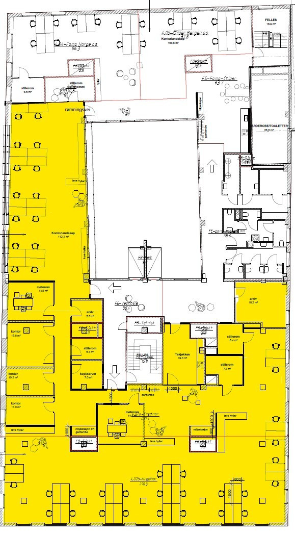 Ledig areal 4. etasje markert med gult.