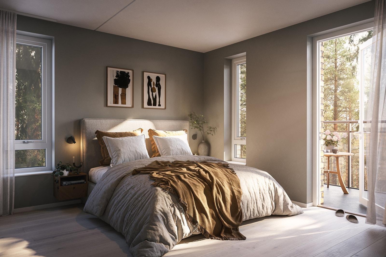 Deilig soverom med frokostbalkong. Illustrasjon fra leilighet L-02-5-3 Galleribilde