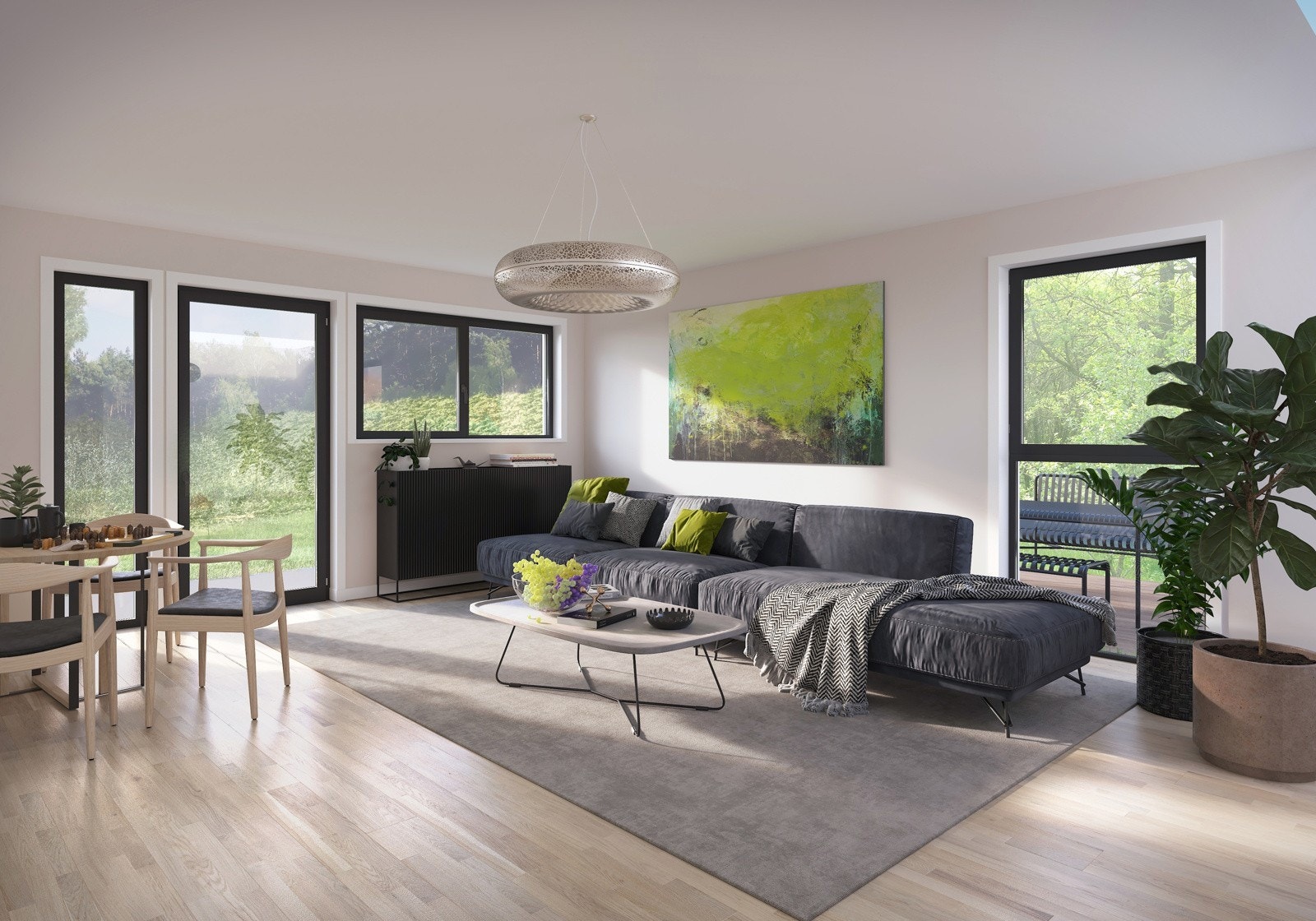 Illustrasjon av stue i endebolig, vindu avviker. Galleribilde