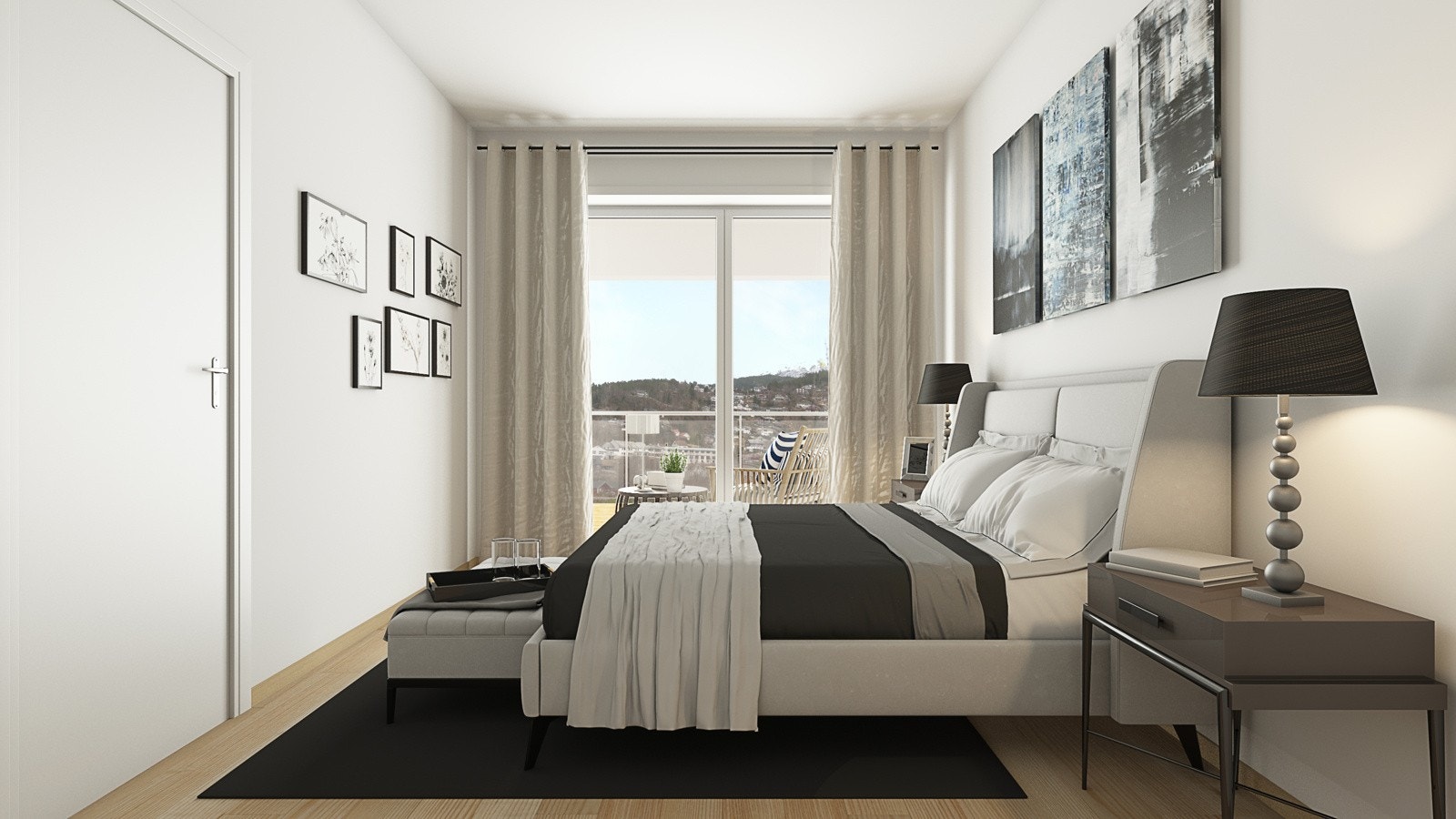 Leilegheitene får 1 til 2 soverom. I enkelte leilegheiter kan ein bygge med ekstra soverom etter avtale med utbyggjar Galleribilde