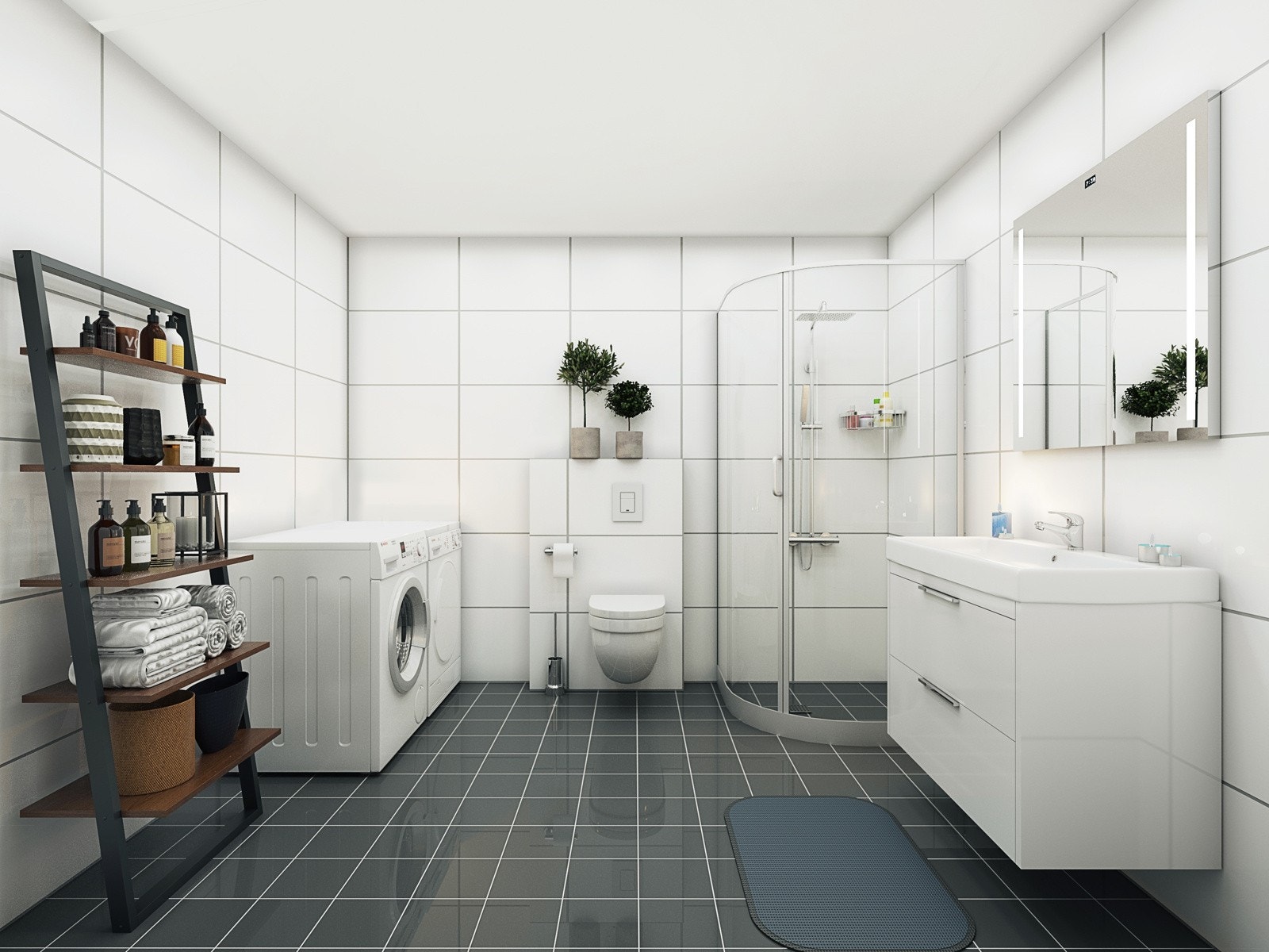 Bad/vaskerom i prosjektet får flislagte golv og baderomsplater på veggane Galleribilde