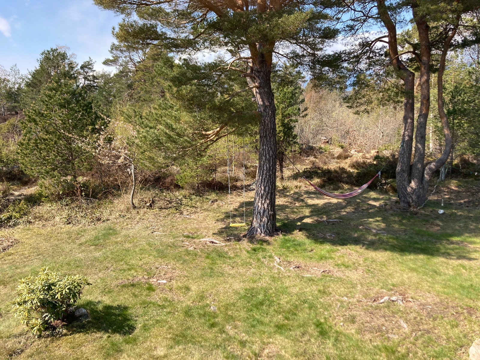 Hageutsnitt - nordvest. Barnevennlig hage med huske, hengekøye og mellomstor trampoline. Galleribilde