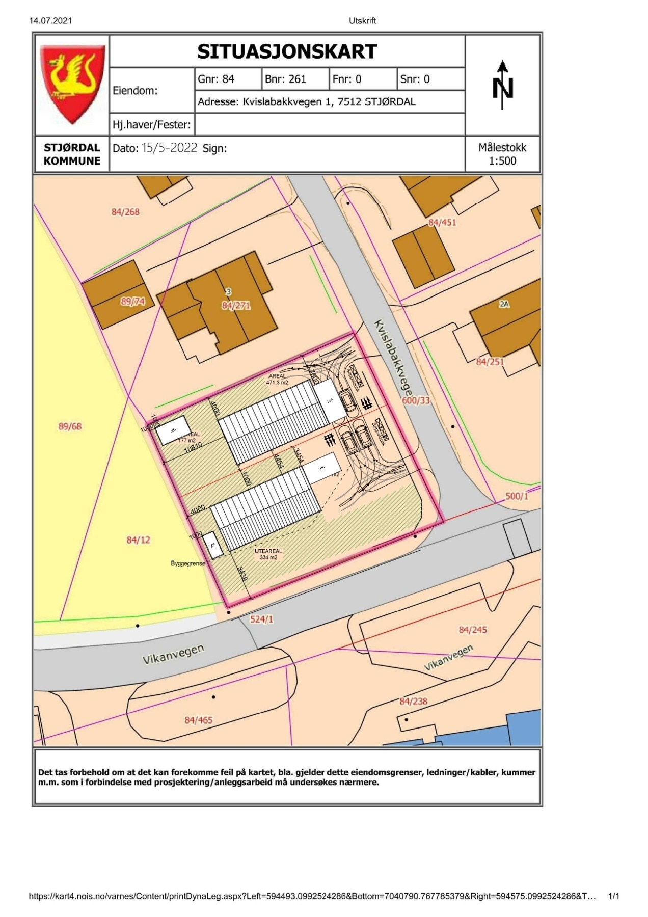 Situasjonskart som viser plassering av carport og utebod. Galleribilde