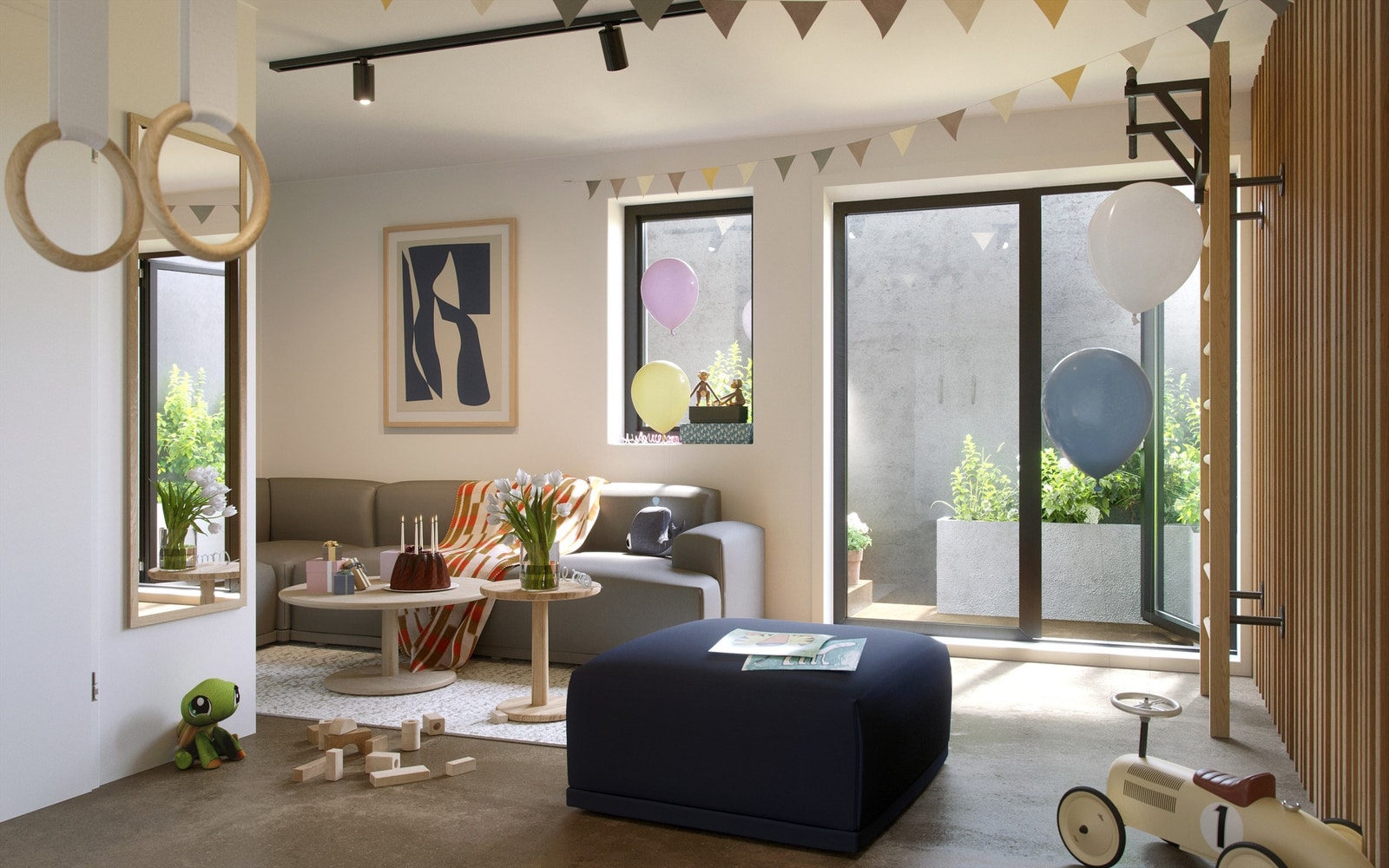 Boligens underetasje byr på flere muligheter, her illustrert som tv-stue/lekerom. Galleribilde