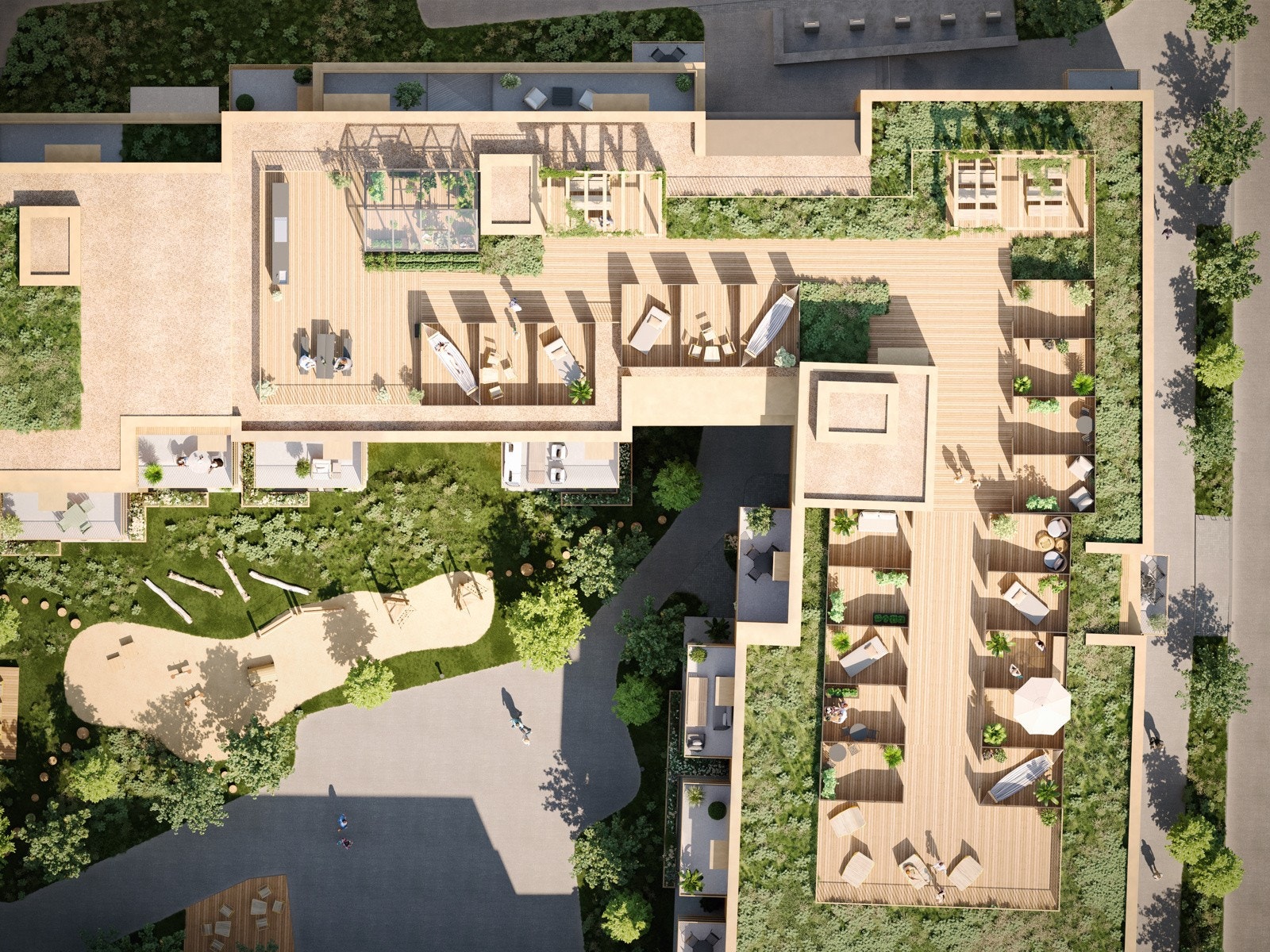 Felles takterrasen hvor sol og sommer kan nytes. Flere av leilighetene får også sin private hageparsell på taket! Galleribilde