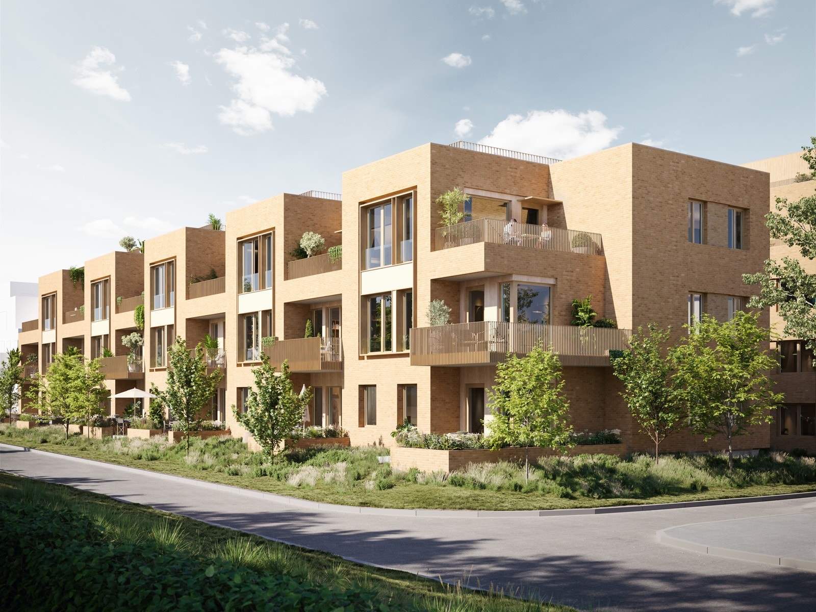 Leilighetsbyggene vendt mot Sagaveien blir noe lavere enn resten av bebyggelsen. Toppleilighetene her får sin egen private takterrasse. Galleribilde