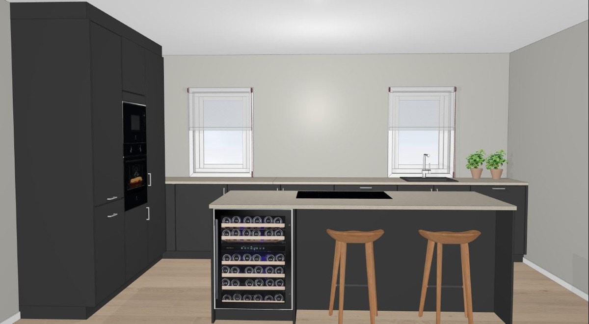 Boligen levers med et innholdsrikt og sprekt kjøkken med høyskap og kjøkkenøy. Det blir også kjøkken i første etasje - Illustrasjon (kan ha avvik) Galleribilde