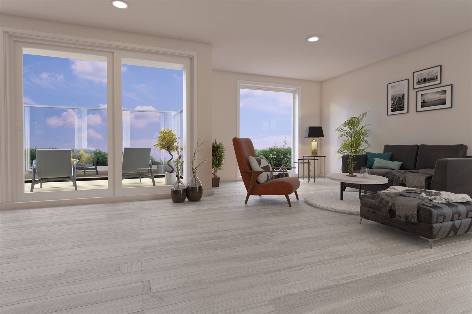 Store vindusflater gir rikelig med naturlig lyst til boligen. Det er fra stuen utgang til veranda/terrasse. (Illustrasjon) Galleribilde