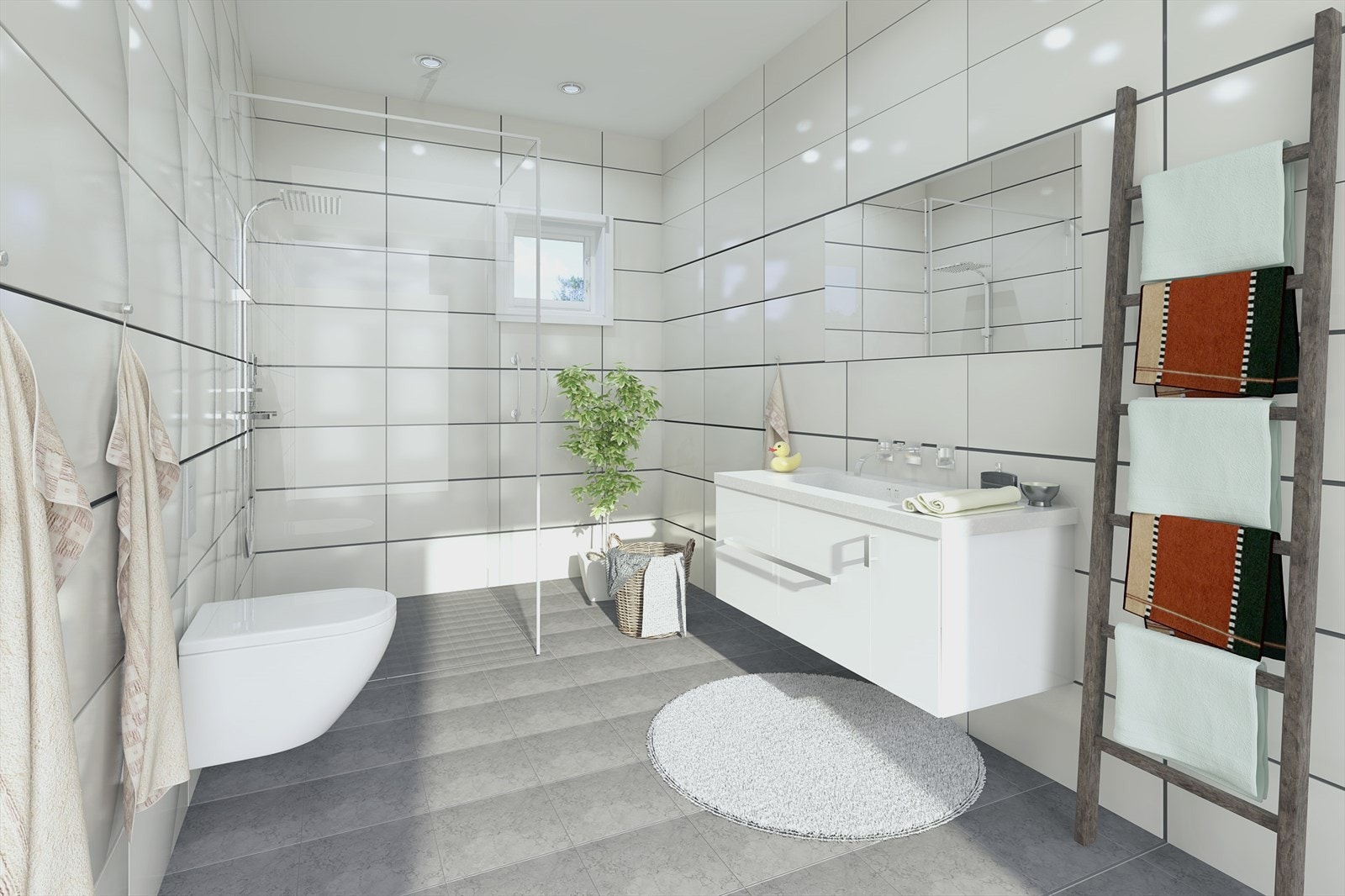 Delikat bad som er flislagt med varme i gulvet. Tidløst fargevalg med lys og pen baderomsinnredning. (Illustrasjon) Galleribilde